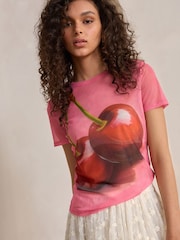 Pink Cherries Short Sleeve Ruched Mesh Top - Image 1 of 7