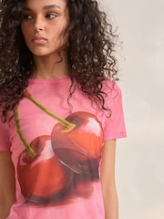 Pink Cherries Short Sleeve Ruched Mesh Top - Image 4 of 7