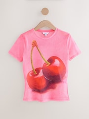 Pink Cherries Short Sleeve Ruched Mesh Top - Image 5 of 7