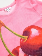 Pink Cherries Short Sleeve Ruched Mesh Top - Image 6 of 7
