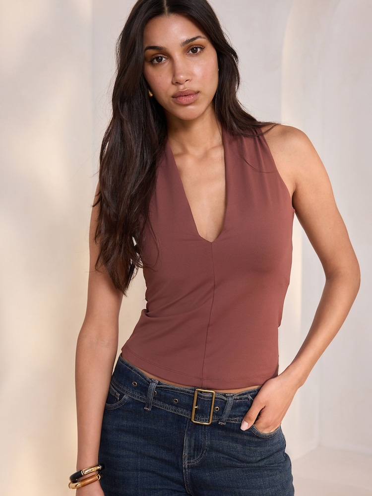 Dark Pink Soft Touch Polyamide Deep V-Neck Sleeveless Top - Image 1 of 7 Dark Pink Soft Touch Polyamide Deep V-Neck Sleeveless Top - Image 1 of 7