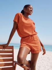 Orange 100% Cotton Jersey Summer Shorts - Image 1 of 5