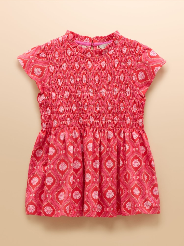 Pink - Joules Gracie Shirred Short Sleeve Top - Image 1 of 4