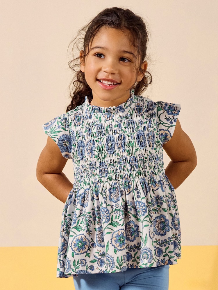 Azul - Joules Gracie Shirred Short Sleeve Top - Imagen 1 de 7