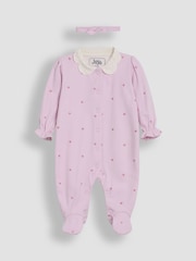 JoJo Maman Bébé Pink Cotton Collared 2-Piece Embroidered Sleepsuit and Headband Set - Image 1 of 4