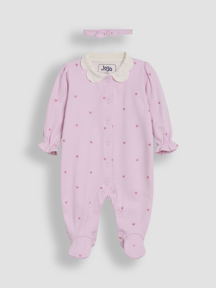 JoJo Maman Bébé Pink Cotton Collared 2-Piece Embroidered Sleepsuit and Headband Set - Image 1 of 4