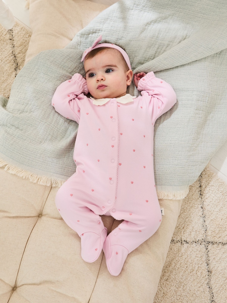 JoJo Maman Bébé Pink Cotton Collared 2-Piece Embroidered Sleepsuit and Headband Set - Image 1 of 6 JoJo Maman Bébé Pink Cotton Collared 2-Piece Embroidered Sleepsuit and Headband Set - Image 1 of 6