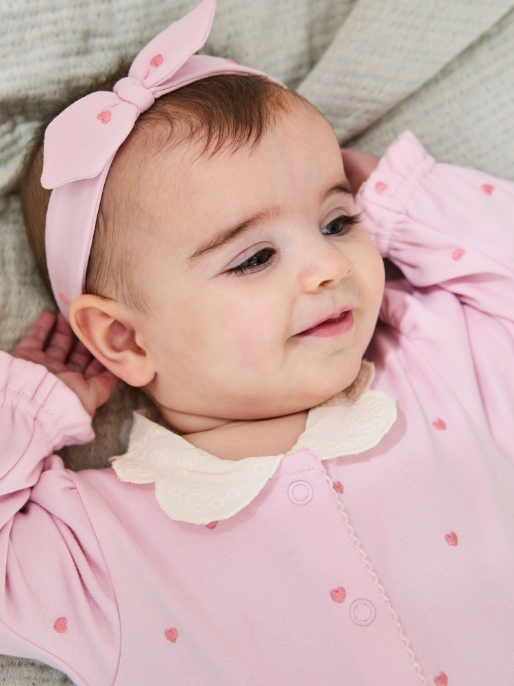 JoJo Maman Bébé Pink Cotton Collared 2-Piece Embroidered Sleepsuit and Headband Set - Image 2 of 6 JoJo Maman Bébé Pink Cotton Collared 2-Piece Embroidered Sleepsuit and Headband Set - Image 2 of 6
