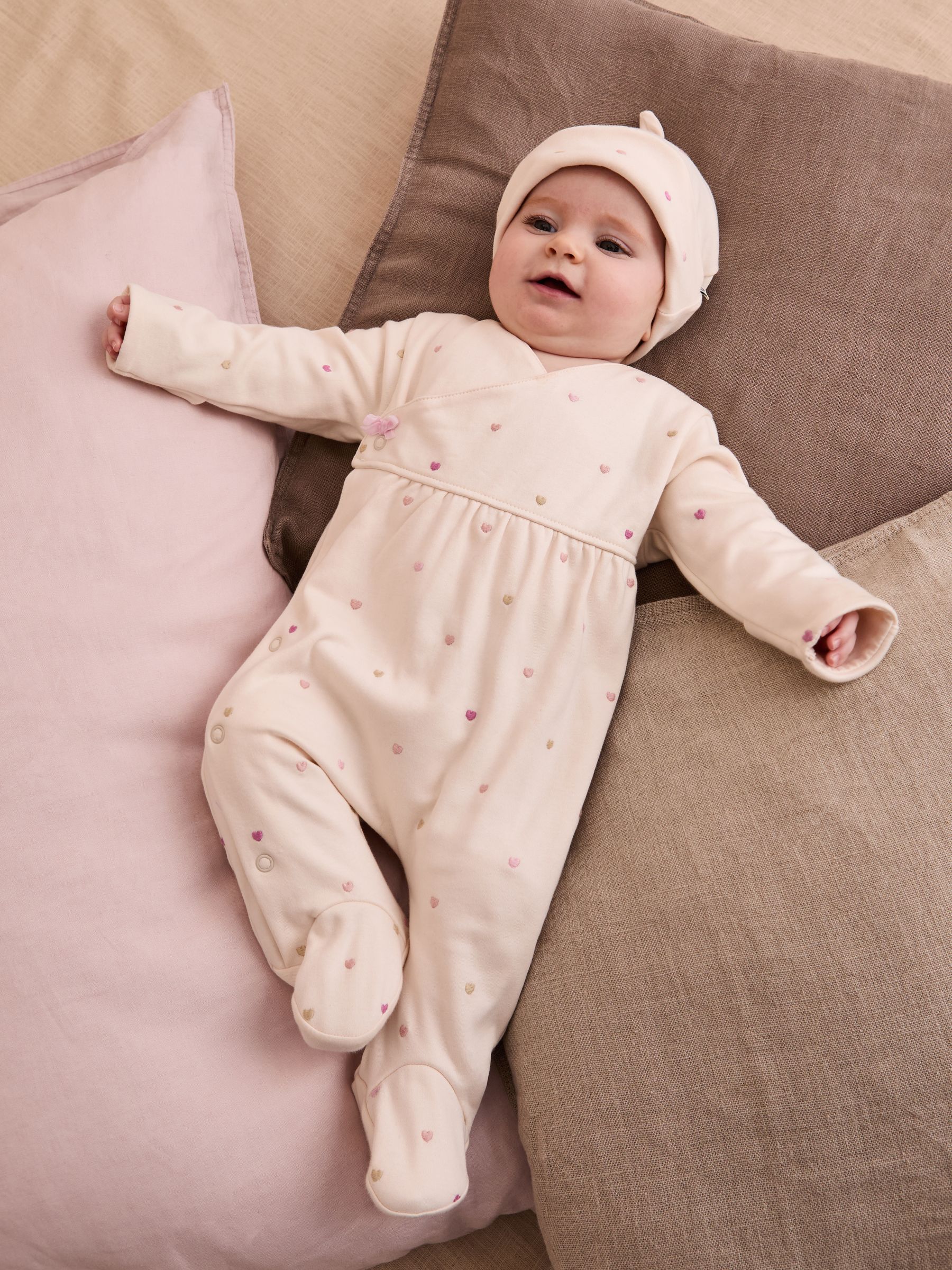 JoJo Maman Bébé Natural Whale Embroidered Cotton 2-Piece Sleepsuit and Hat Set view 1