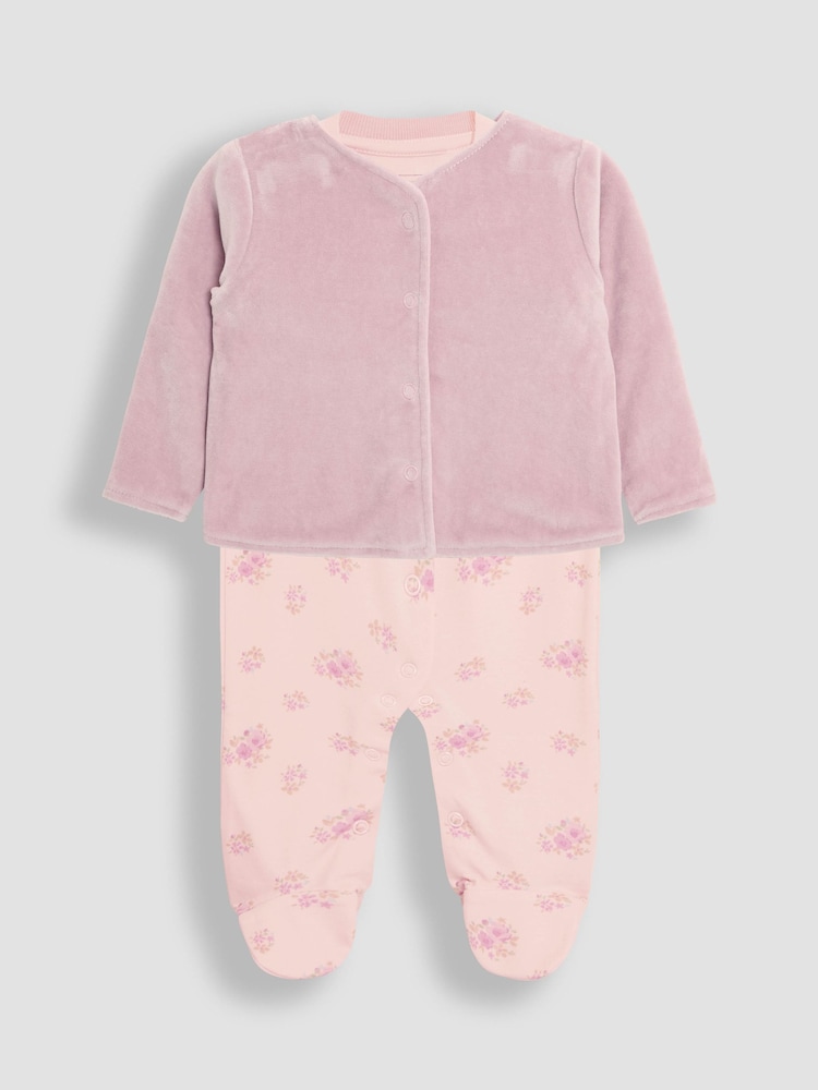 JoJo Maman Bébé Floral 2-Piece Footed Sleepsuit & Velour Jacket Set - Image 1 of 6 JoJo Maman Bébé Floral 2-Piece Footed Sleepsuit & Velour Jacket Set - Image 1 of 6