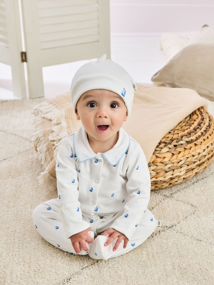 JoJo Maman Bébé White Cotton 2-Piece Embroidered Sleepsuit and Hat Set - Image 2 of 7