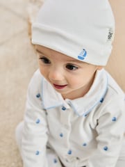 JoJo Maman Bébé White Cotton 2-Piece Embroidered Sleepsuit and Hat Set - Image 3 of 7
