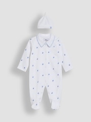 JoJo Maman Bébé White Cotton 2-Piece Embroidered Sleepsuit and Hat Set - Image 4 of 7