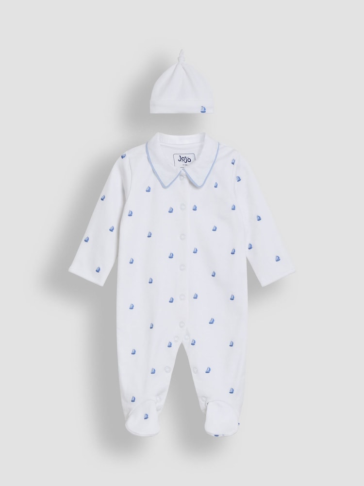 JoJo Maman Bébé Cotton 2-Piece Embroidered Sleepsuit and Hat Set - Image 4 of 7
