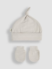 JoJo Maman Bébé Grey Baby Cotton 2-Piece Hat and Mittens Set - Image 1 of 4