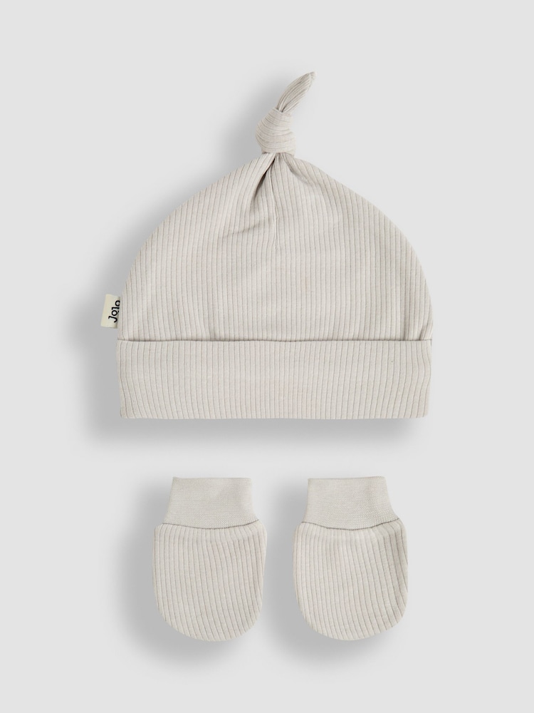 JoJo Maman Bébé Grey Baby Cotton 2-Piece Hat and Mittens Set - Image 1 of 4