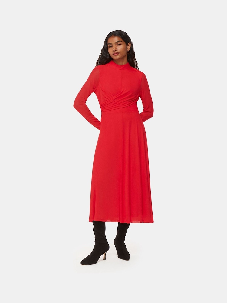 Whistles Red Petite Arabella Ruched Mesh Dress - Image 1 of 4