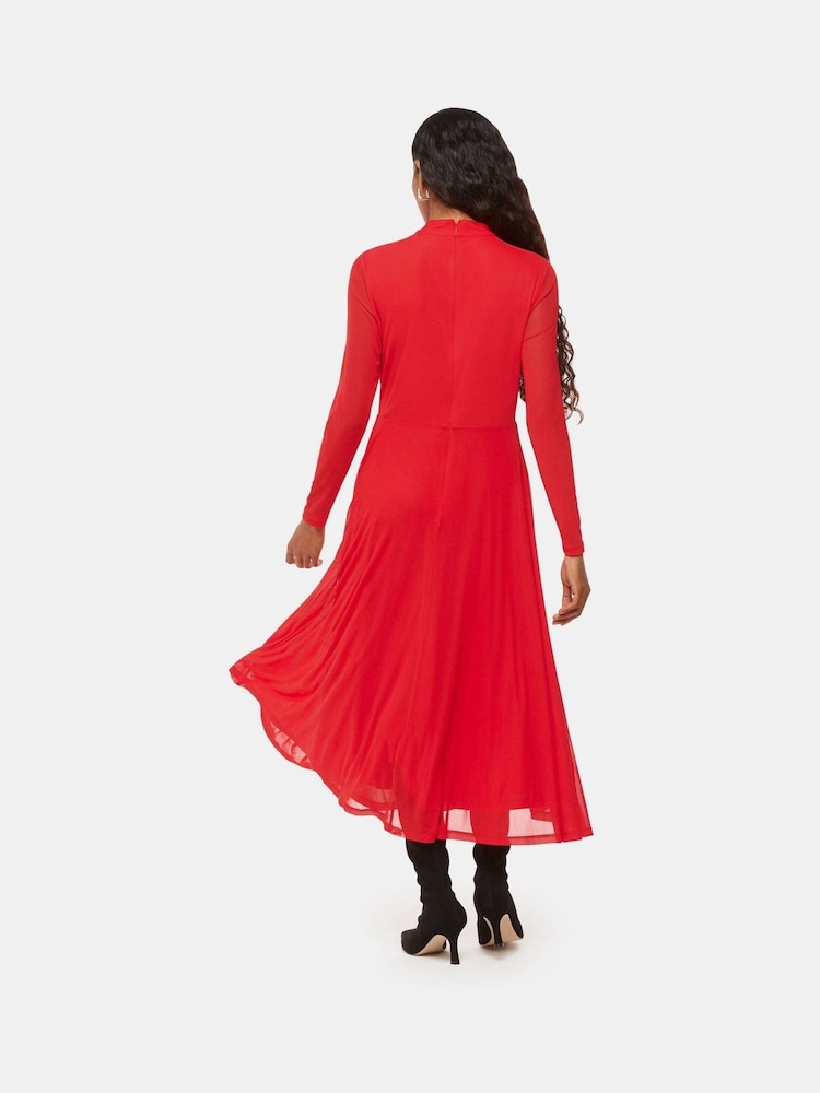 Whistles Red Petite Arabella Ruched Mesh Dress - Image 2 of 4