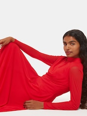 Whistles Red Petite Arabella Ruched Mesh Dress - Image 4 of 4