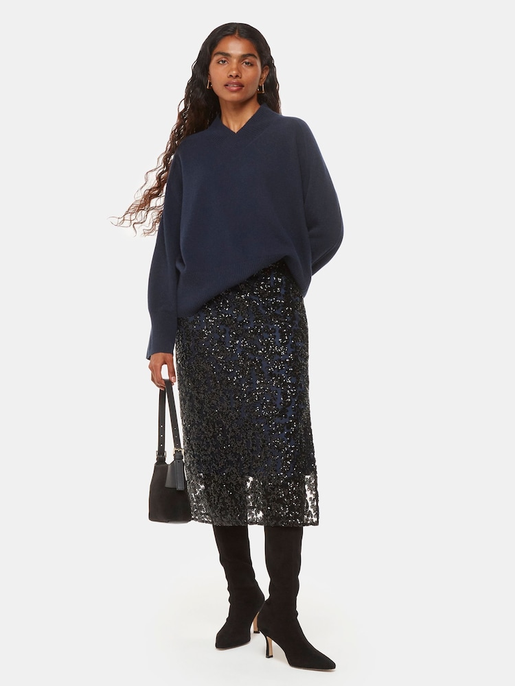 Whistles Black Petite Floral Sequin Midi Skirt - Image 1 of 5