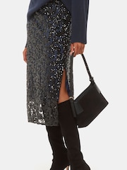 Whistles Black Petite Floral Sequin Midi Skirt - Image 3 of 5