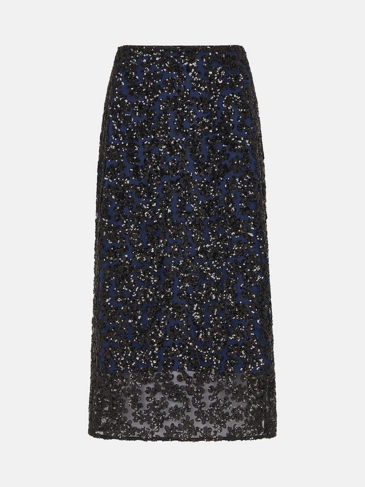 Whistles Black Petite Floral Sequin Midi Skirt - Image 5 of 5