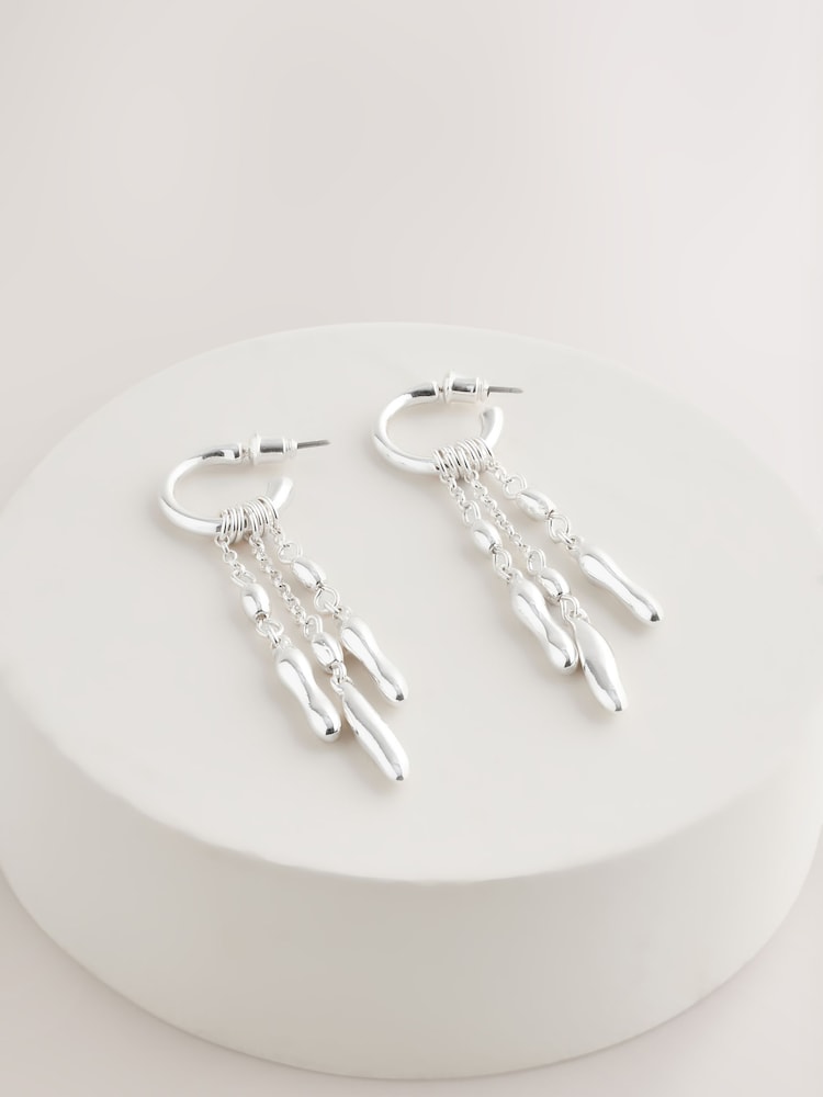 Silver Tone Chain Drop Hoops Earrings - Image 2 of 4