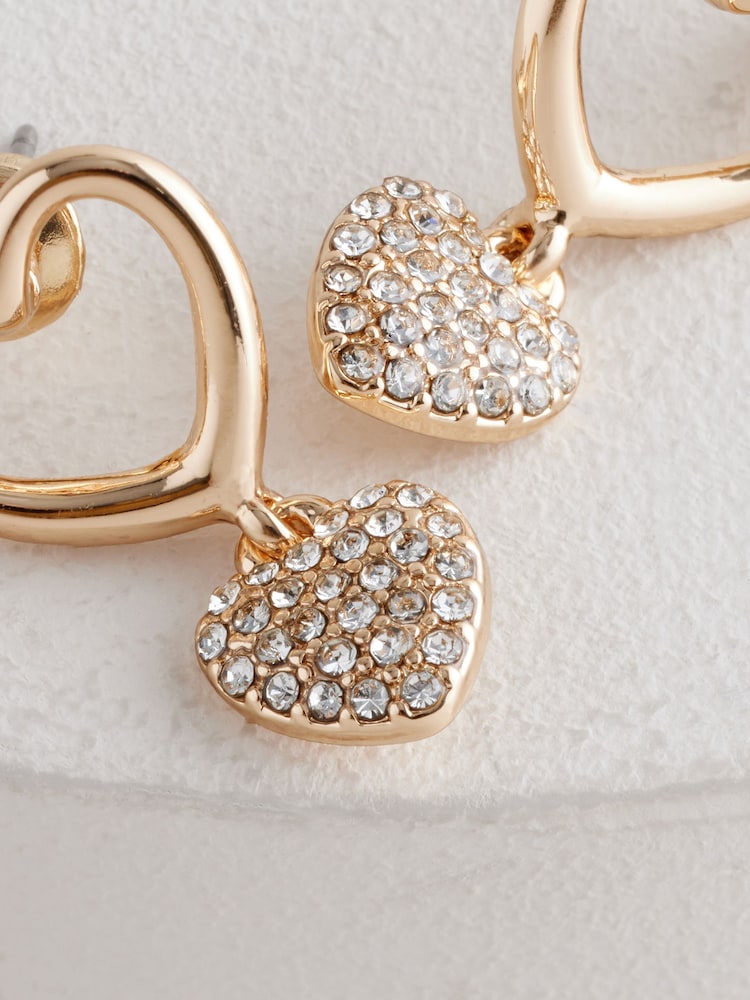 Gold Tone Heart Drop Sparkle Stud Earrings - Image 5 of 5