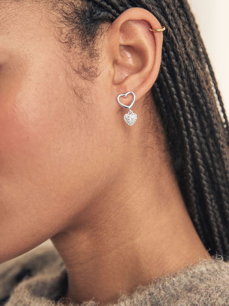 Silver Tone Heart Drop Sparkle Stud Earrings - Image 1 of 5