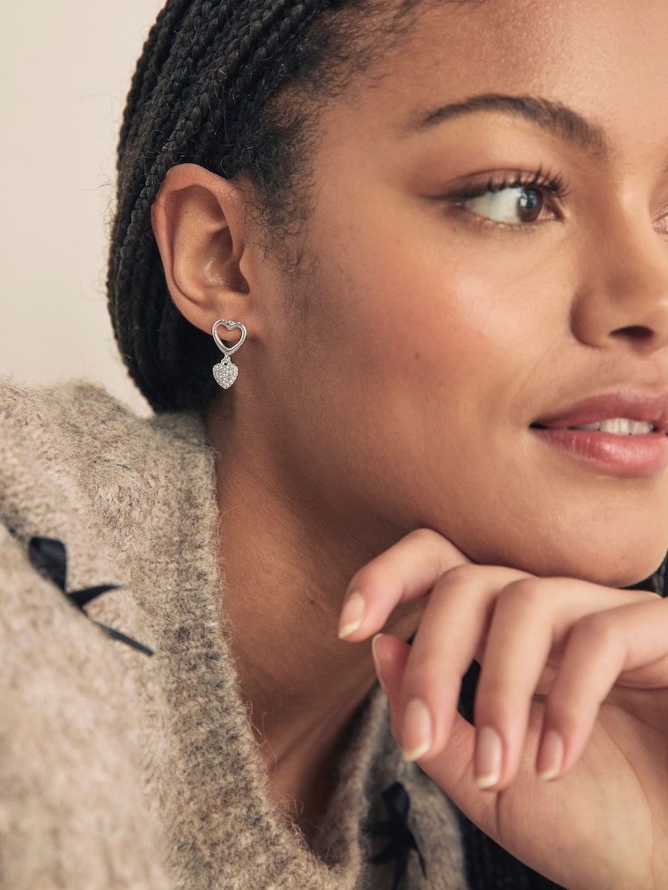 Silver Tone Heart Drop Sparkle Stud Earrings - Image 2 of 5