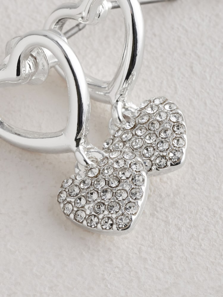 Silver Tone Heart Drop Sparkle Stud Earrings - Image 5 of 5