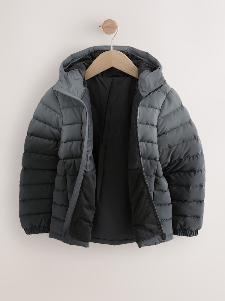 Black/Grey Quilted Midweight Hooded Jacket (3-17yrs) - Image 2 of 5 Black/Grey Quilted Midweight Hooded Jacket (3-17yrs) - Image 2 of 5