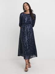 JD Williams Blue Sequin Puff Sleeve Midi Dress - Image 1 of 4
