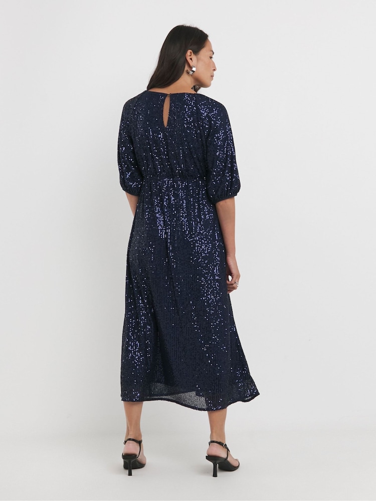JD Williams Blue Sequin Puff Sleeve Midi Dress - Image 2 of 4