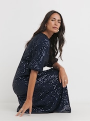 JD Williams Blue Sequin Puff Sleeve Midi Dress - Image 4 of 4