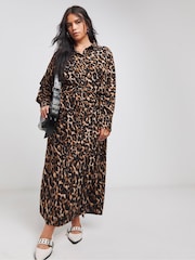 Simply Be Brown Leopard Print Midi Shirt Dress - Image 1 of 4