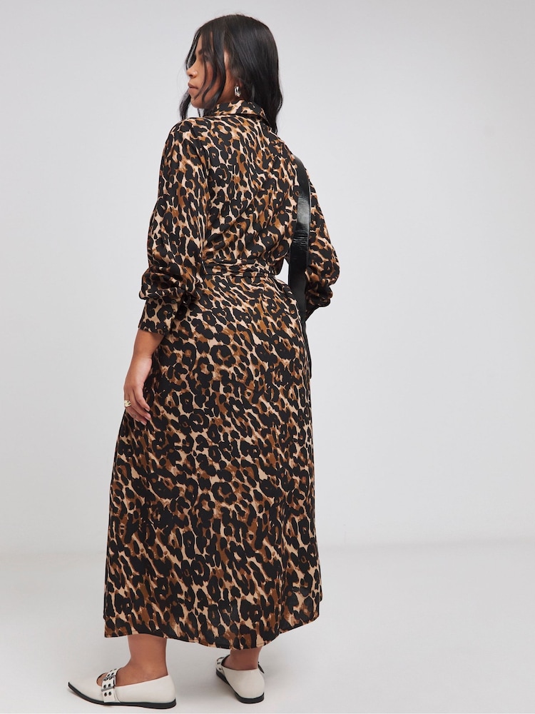 Simply Be Brown Leopard Print Midi Shirt Dress - Image 2 of 4 Simply Be Brown Leopard Print Midi Shirt Dress - Image 2 of 4