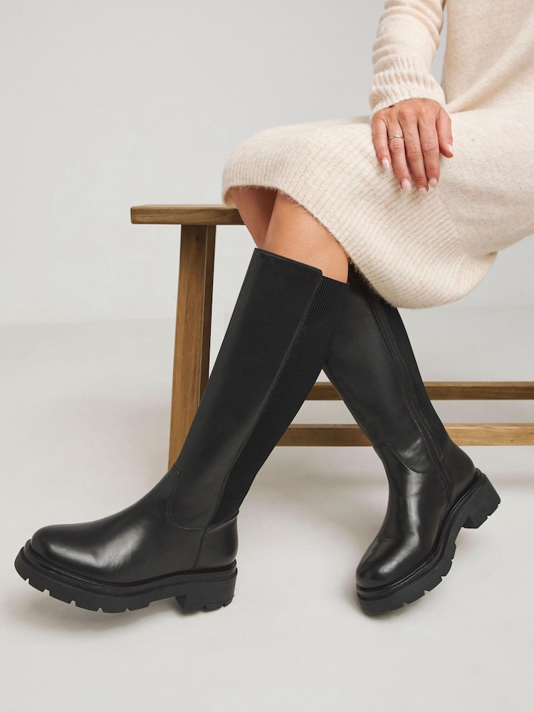Simply Be Black Extra Wide Fit Back Stretch Panel Chunky Flat Knee High Boots In Extra Wide Fit Super Curvy Calf - Image 1 of 3