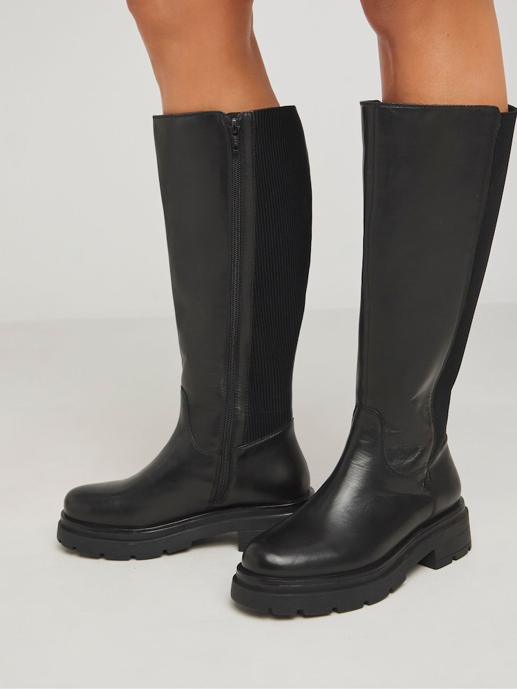 Simply Be Black Extra Wide Fit Back Stretch Panel Chunky Flat Knee High Boots In Extra Wide Fit Super Curvy Calf - Image 2 of 3