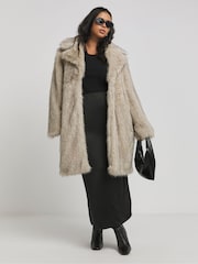 Simply Be Natural Longline Collar Revere Faux Fur Coat - Image 1 of 4
