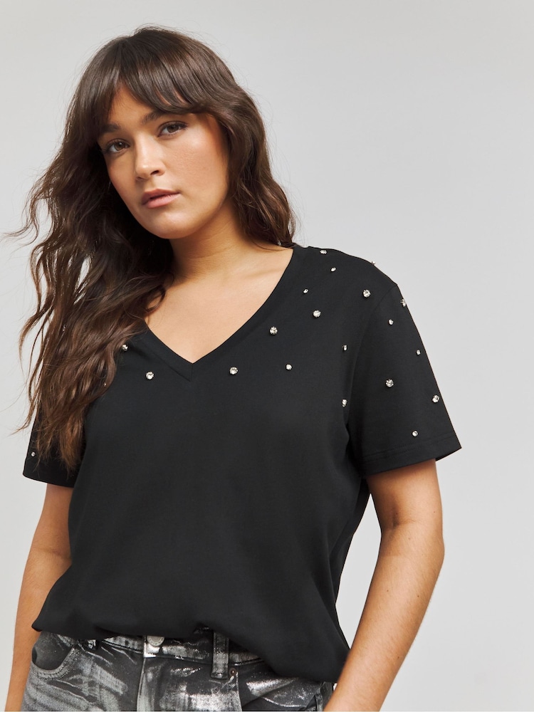 Simply Be Black Embellished 100% Cotton T-Shirt - Image 1 of 4