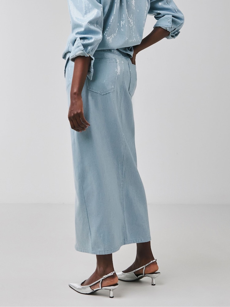 JD Williams Blue Clear Sequin Denim Midi Skirt - Image 2 of 4