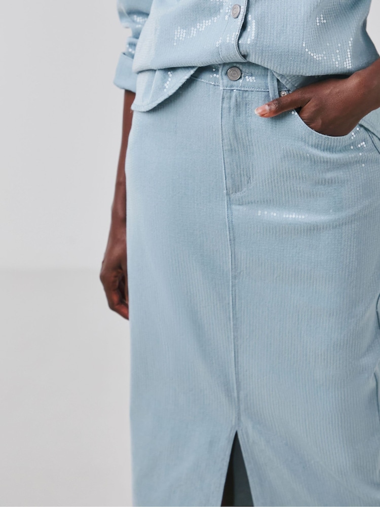 JD Williams Blue Clear Sequin Denim Midi Skirt - Image 4 of 4