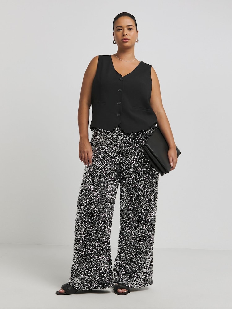 Simply Be Black Velvet Sequin Wide Leg Trousers - Image 1 of 4