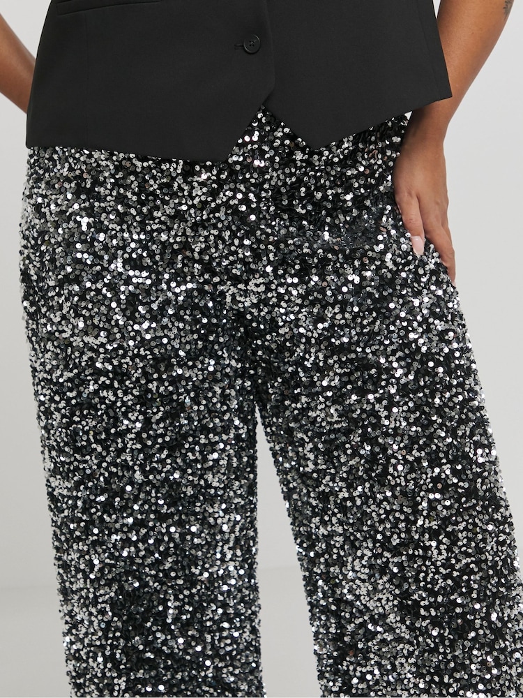 Simply Be Black Velvet Sequin Wide Leg Trousers - Image 4 of 4