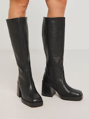 Simply Be Black Platform Classic Knee High Leather Boots In Wide Fit - Image 1 of 4