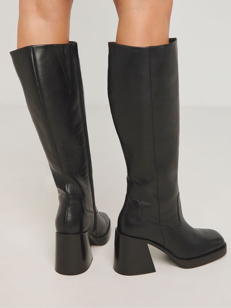Simply Be Black Platform Classic Knee High Leather Boots In Wide Fit - Image 2 of 4