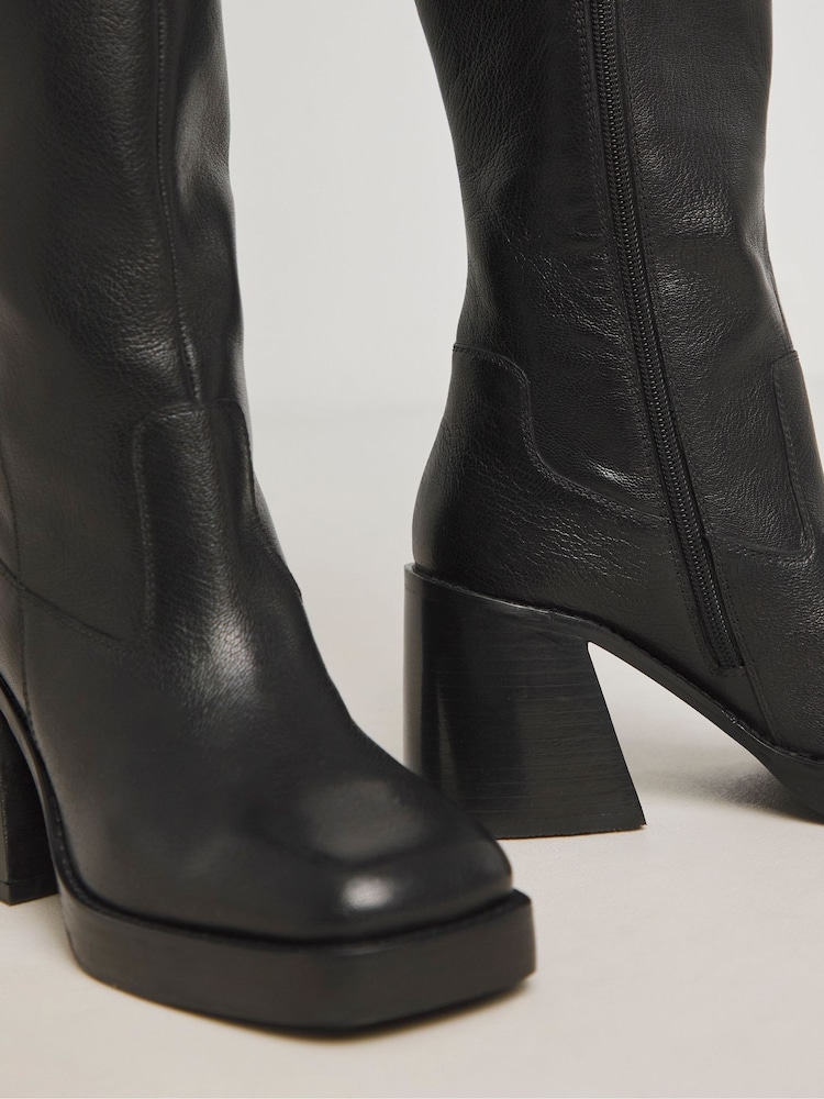 Simply Be Black Platform Classic Knee High Leather Boots In Wide Fit - Image 4 of 4
