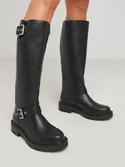 Simply Be Black Extra Wide Fit Casual Double Buckle Detail Knee High Boots In Wide Fit Curvy Calf - Image 3 of 4