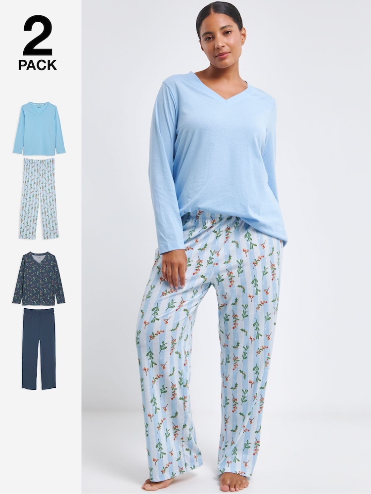 Simply Be Blue Pretty Secrets Value Long Sleeve Pyjamas Set 2 Pack - Image 1 of 4